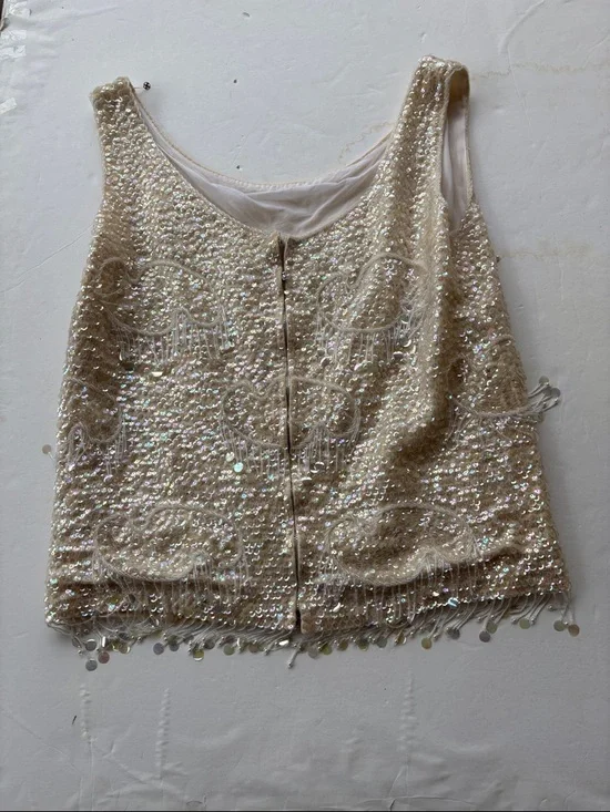 Vintage 60’s Beaded Sequins Cream Pastel Large Wool Embellished Bridal 50’ Large - Picture 5 of 17